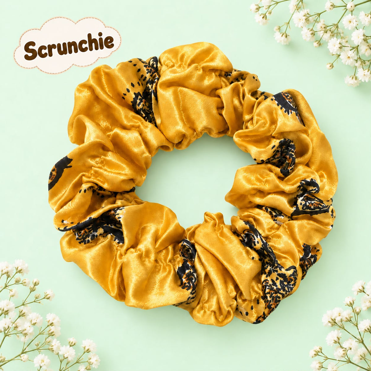 Printed Silk Scrunchie-03 (Golden)