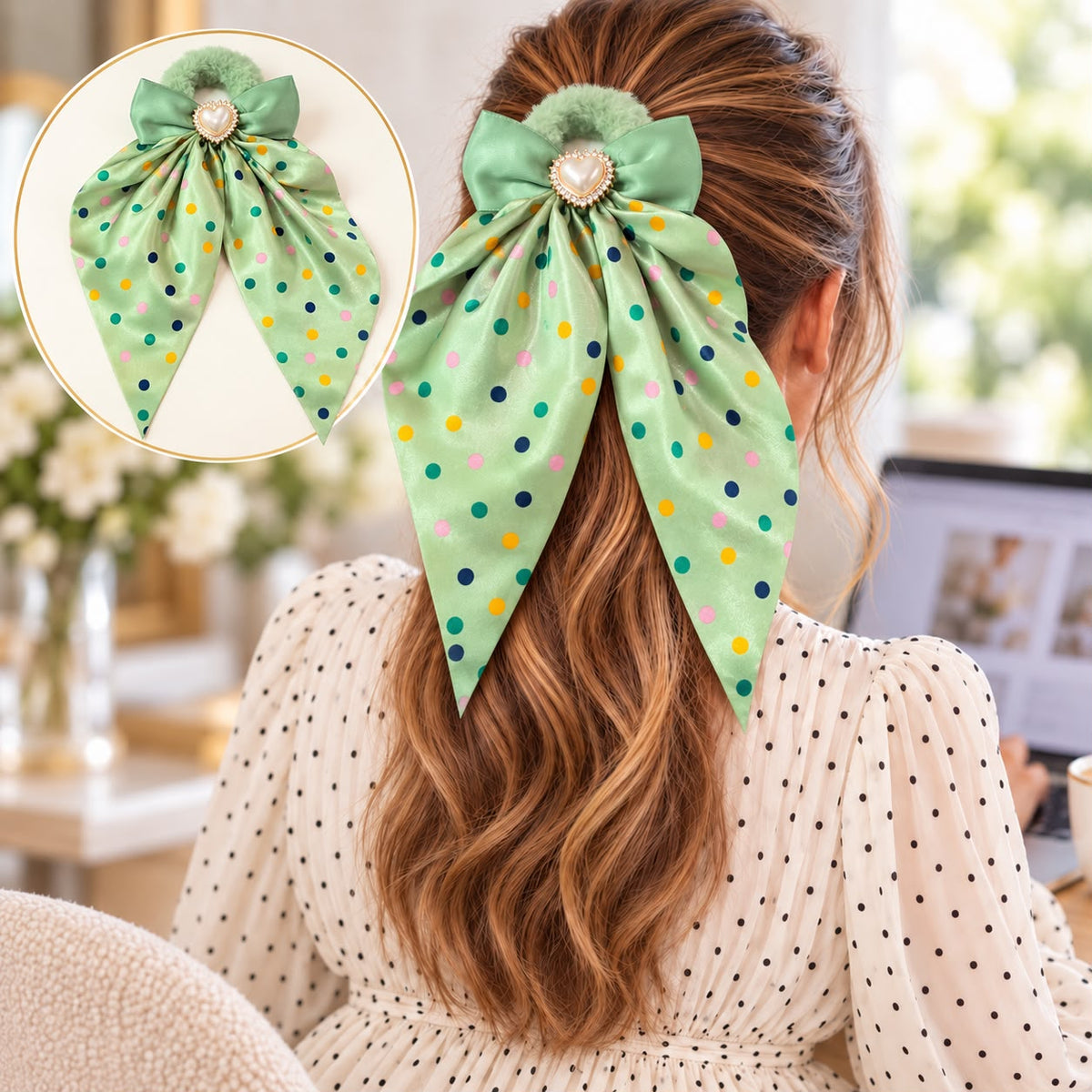 Bow Furry Ponytail-06 (Green)