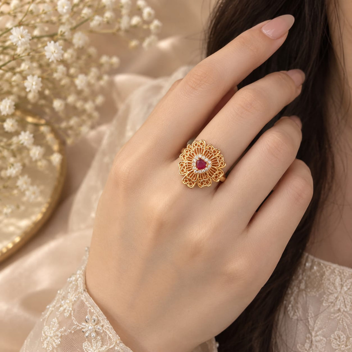 Zircon Ring-484 (Golden/Maroon)