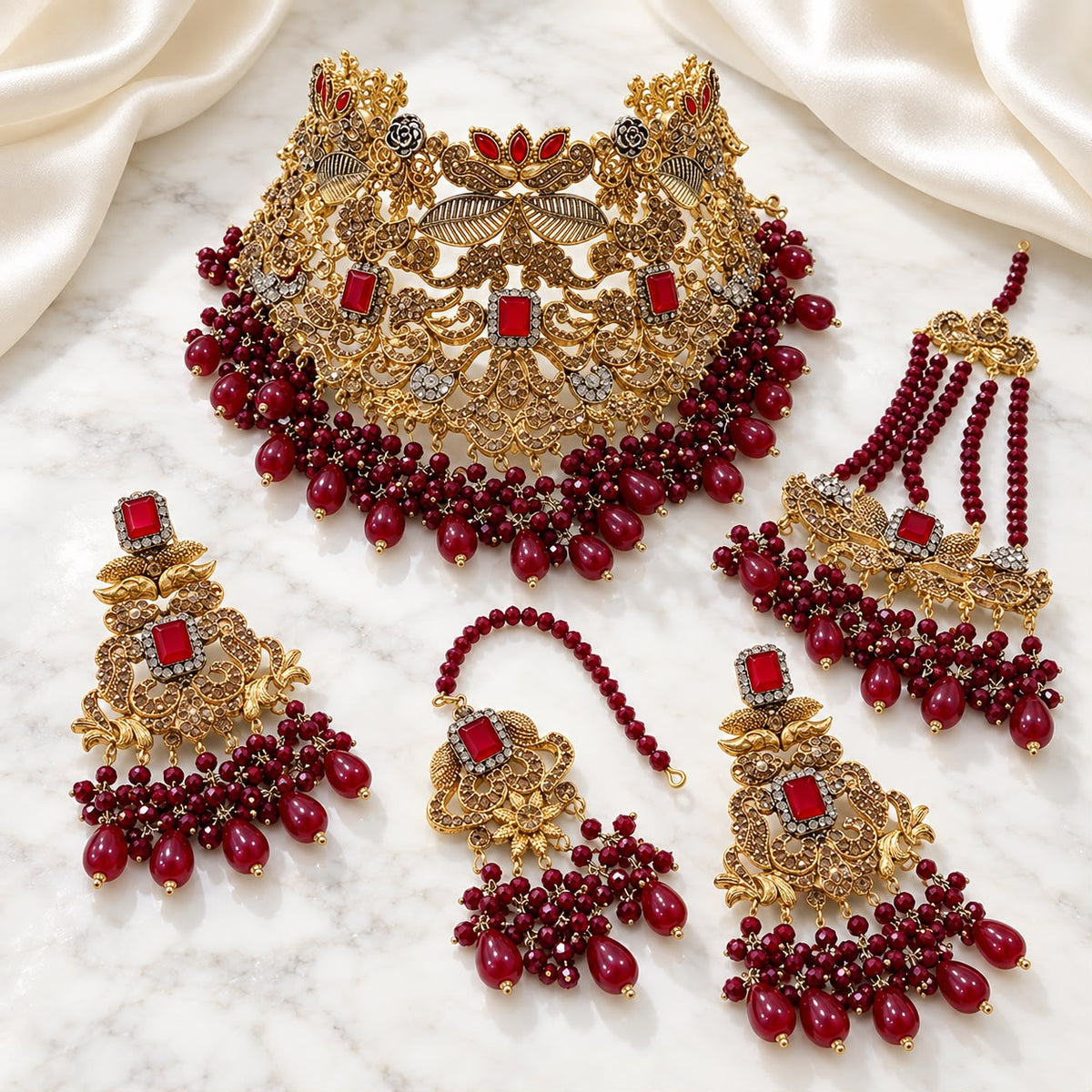 Bridal Jewellery complete Set-27 (Maroon)