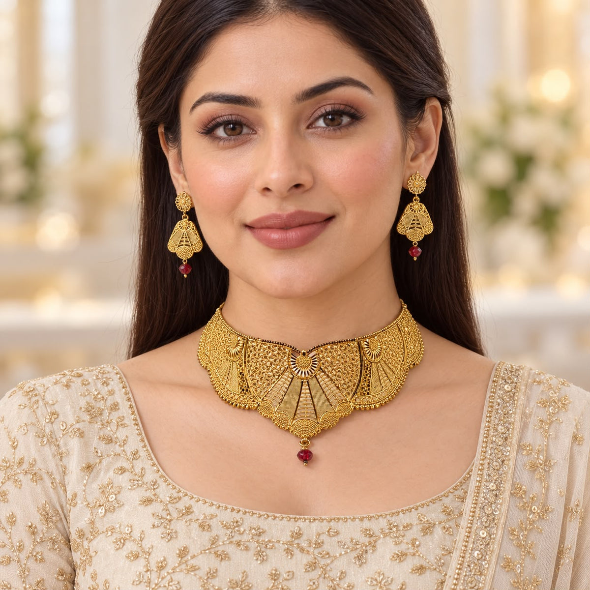 Rajwadi Necklace Set-03 (Golden/Maroon)