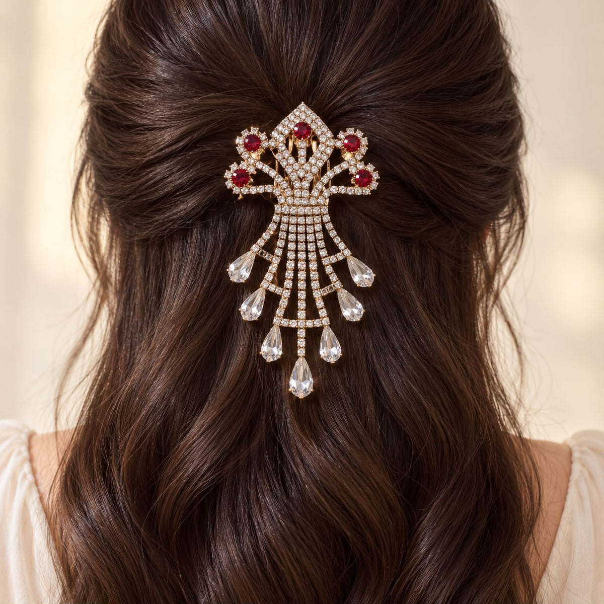 Rhinestone Hair Brooch-02 (Golden/Red)
