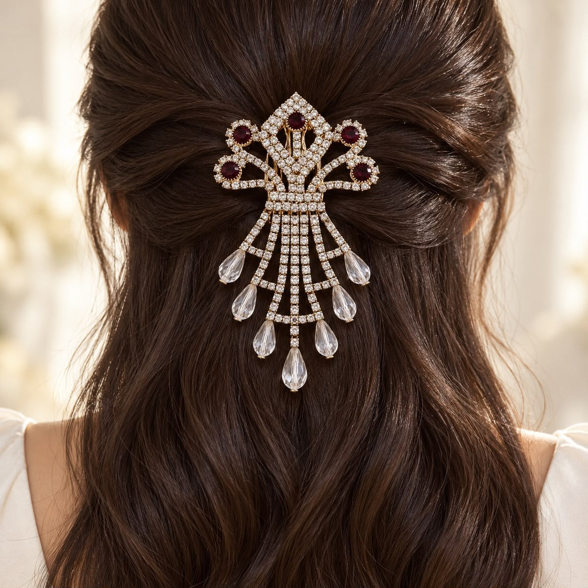 Rhinestone Hair Brooch-02 (Golden/Maroon)