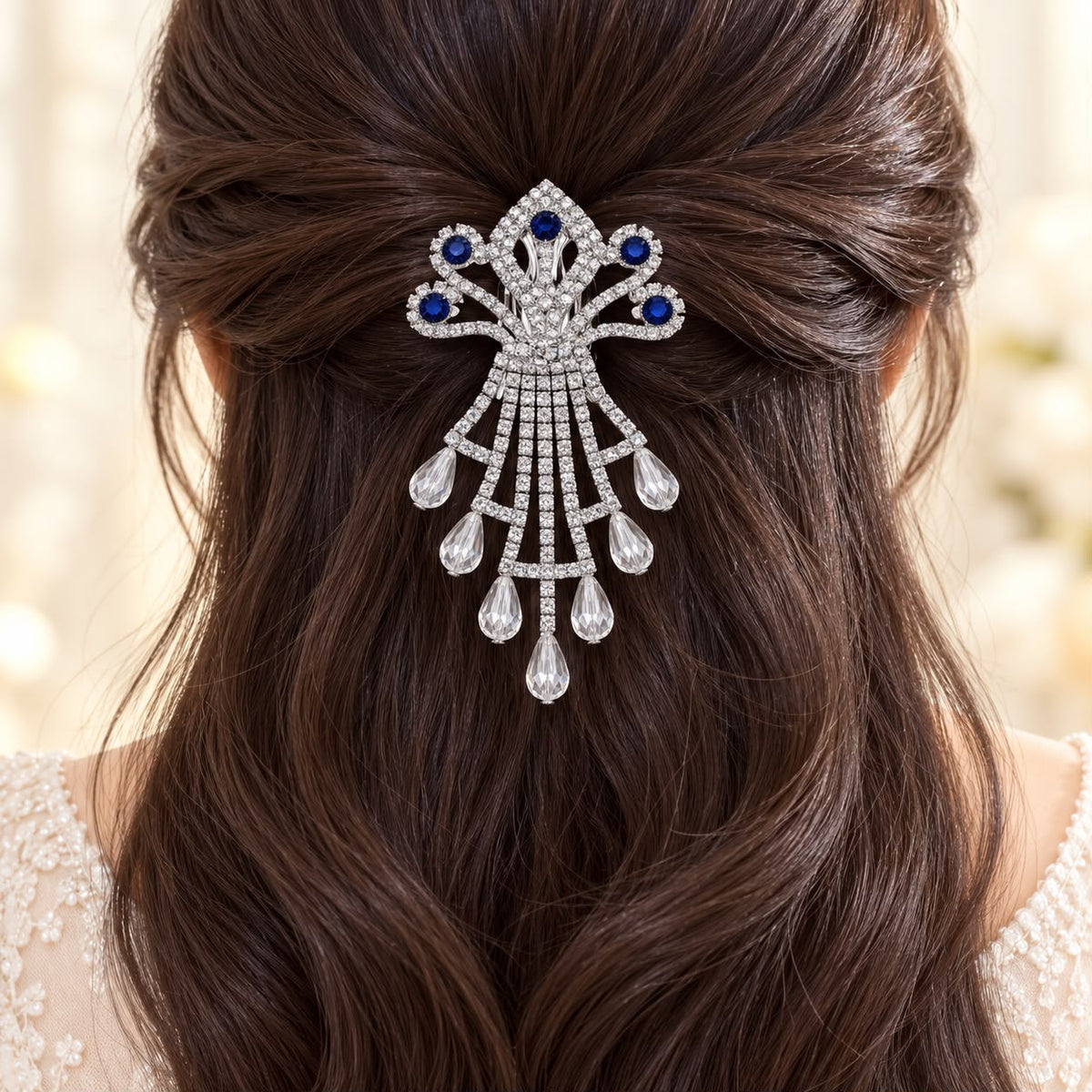 Rhinestone Hair Brooch-02 (Silver/Blue)