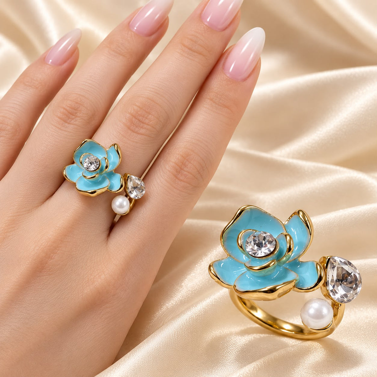 Bloom Pearl Ring (Light Blue)