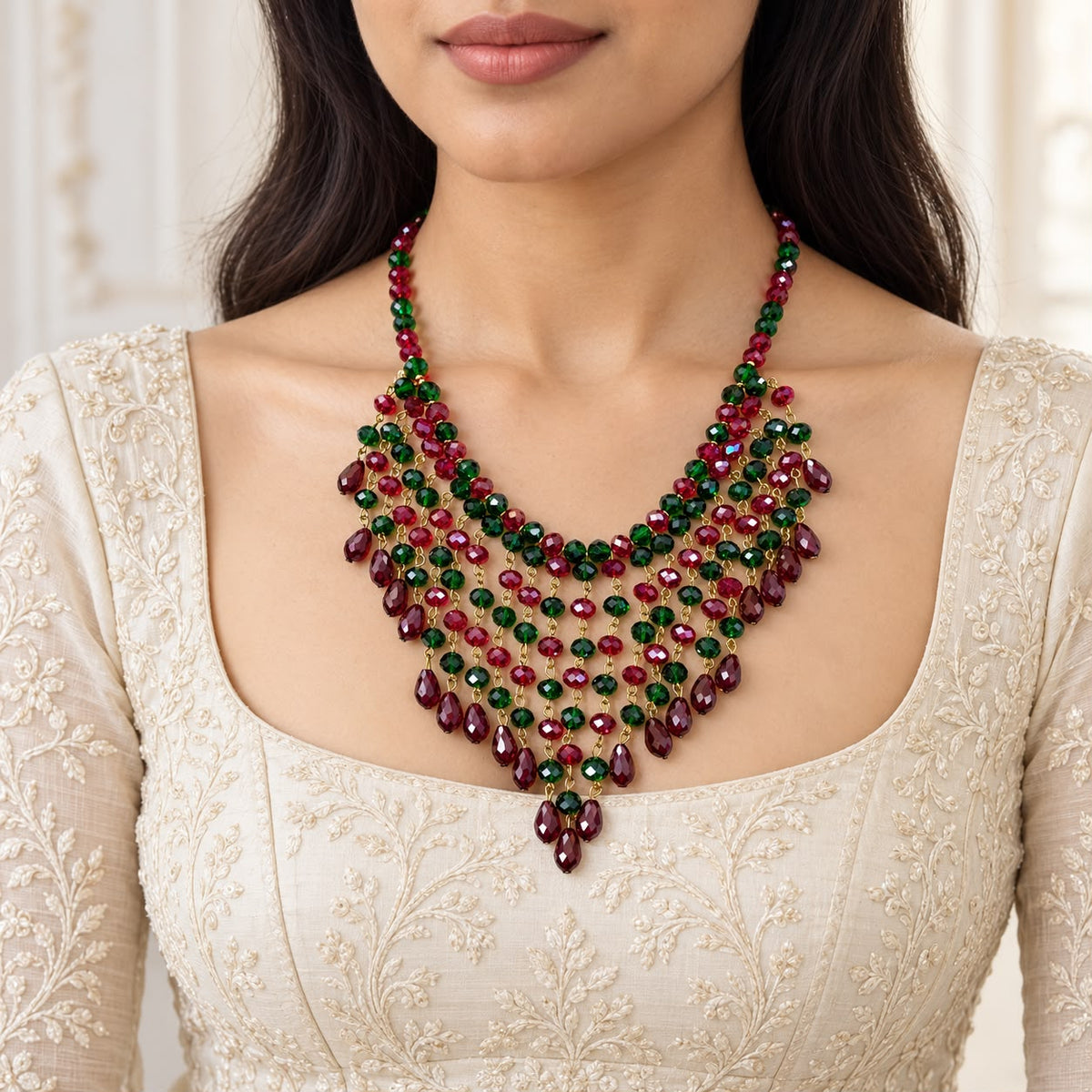 Crystal Beads Necklace (Green,Maroon)