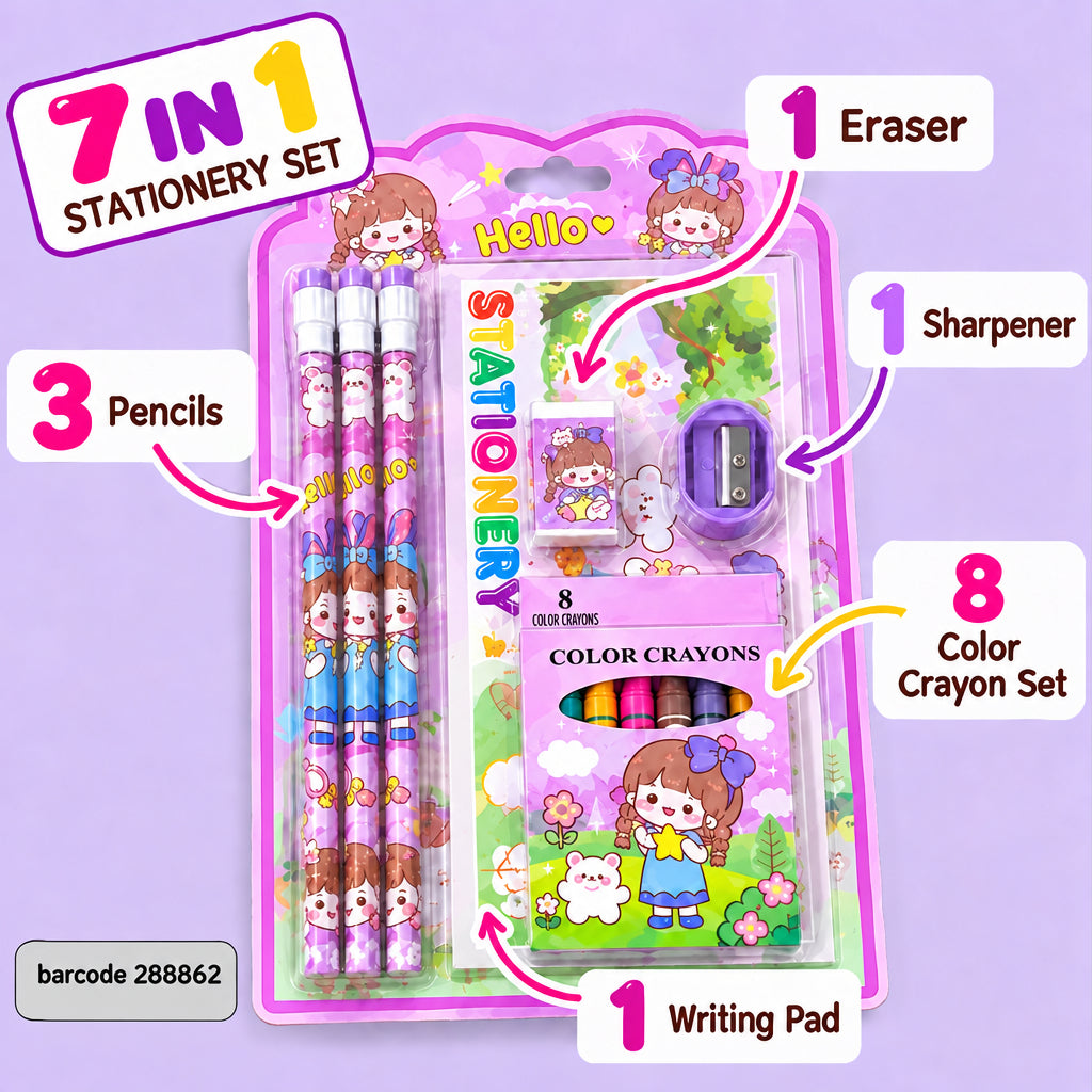 Cute Girl 7 in 1 Stationery Set