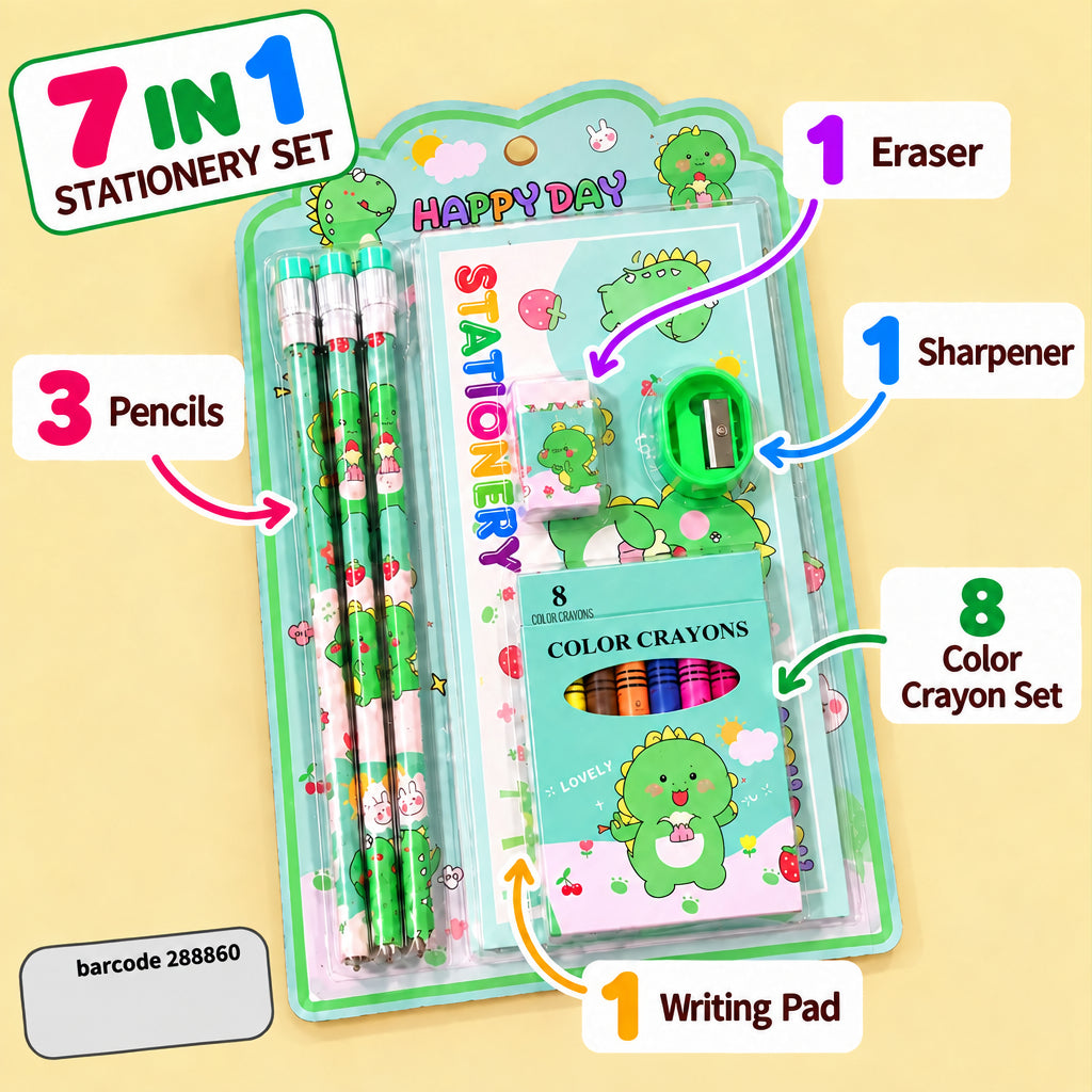 Cute Dino 7 in 1 Stationery Set