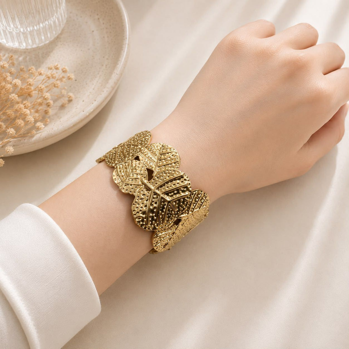 Metallic Texture Gold-Tone Stainless Steel Cuff Bracelet-23