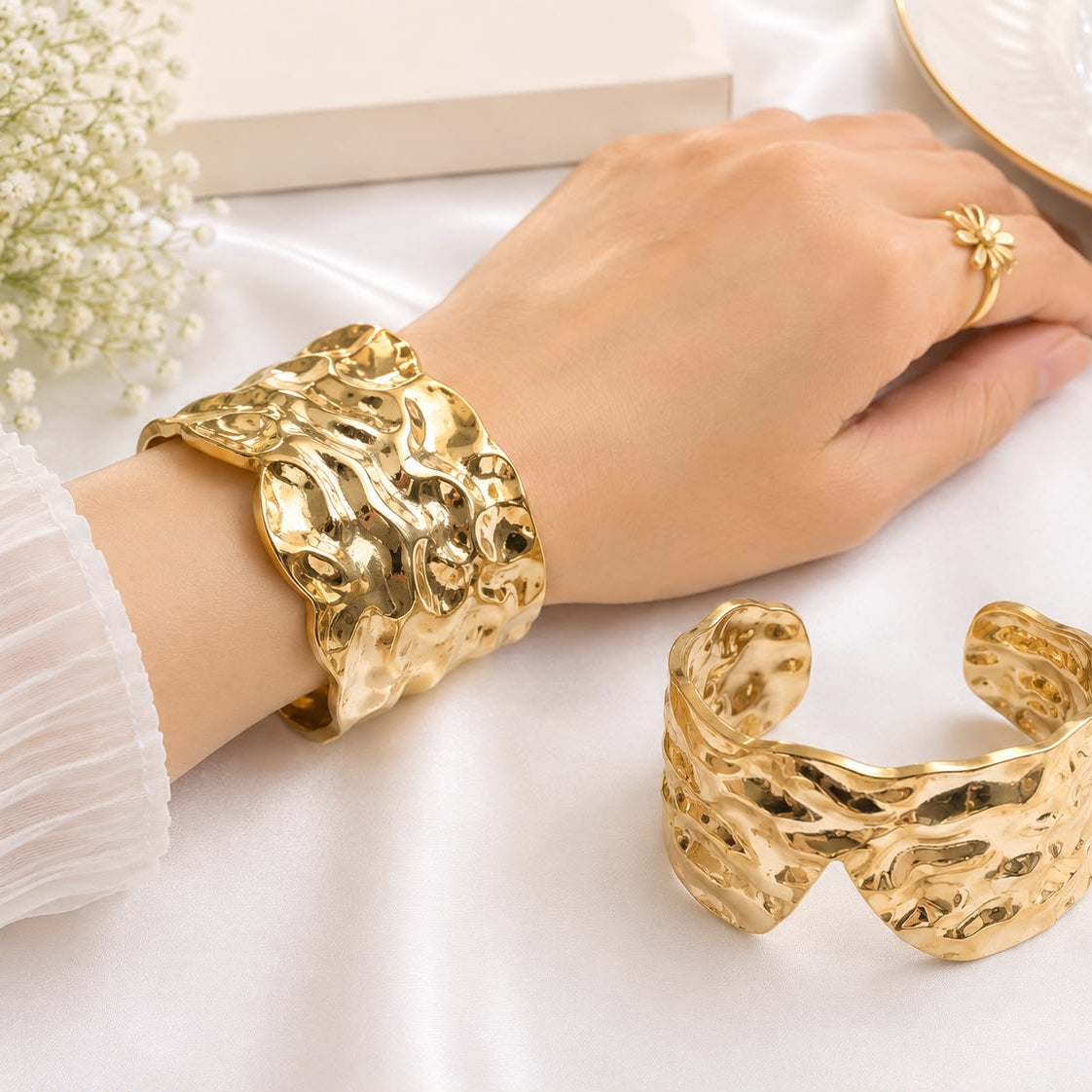 Metallic Texture Gold-Tone Stainless Steel Cuff Bracelet-27