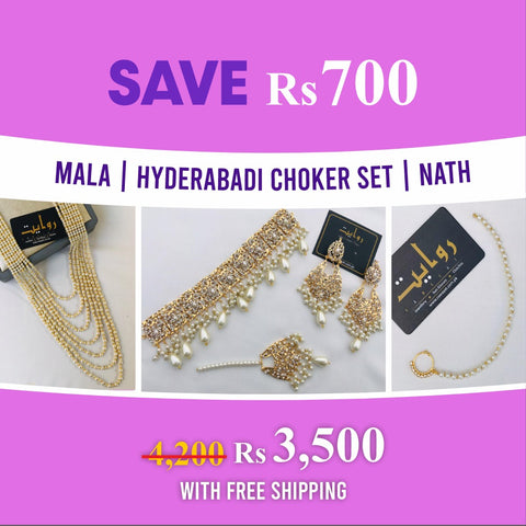 Wedding Bundle 05 (SAVE Rs 700) (Buy 1 Hyderabadi Choker Set Pearl Mala And Nath)