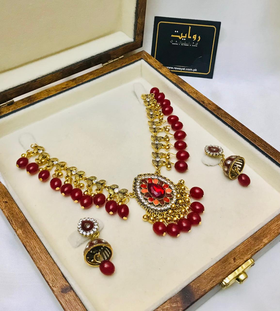 Oxidized Necklace-36 Golden (Maroon)