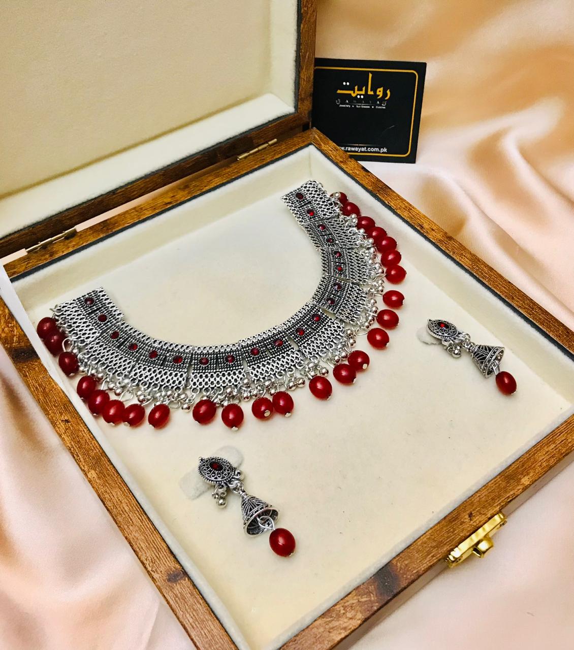 Oxidized Necklace-37 Silver (Maroon)